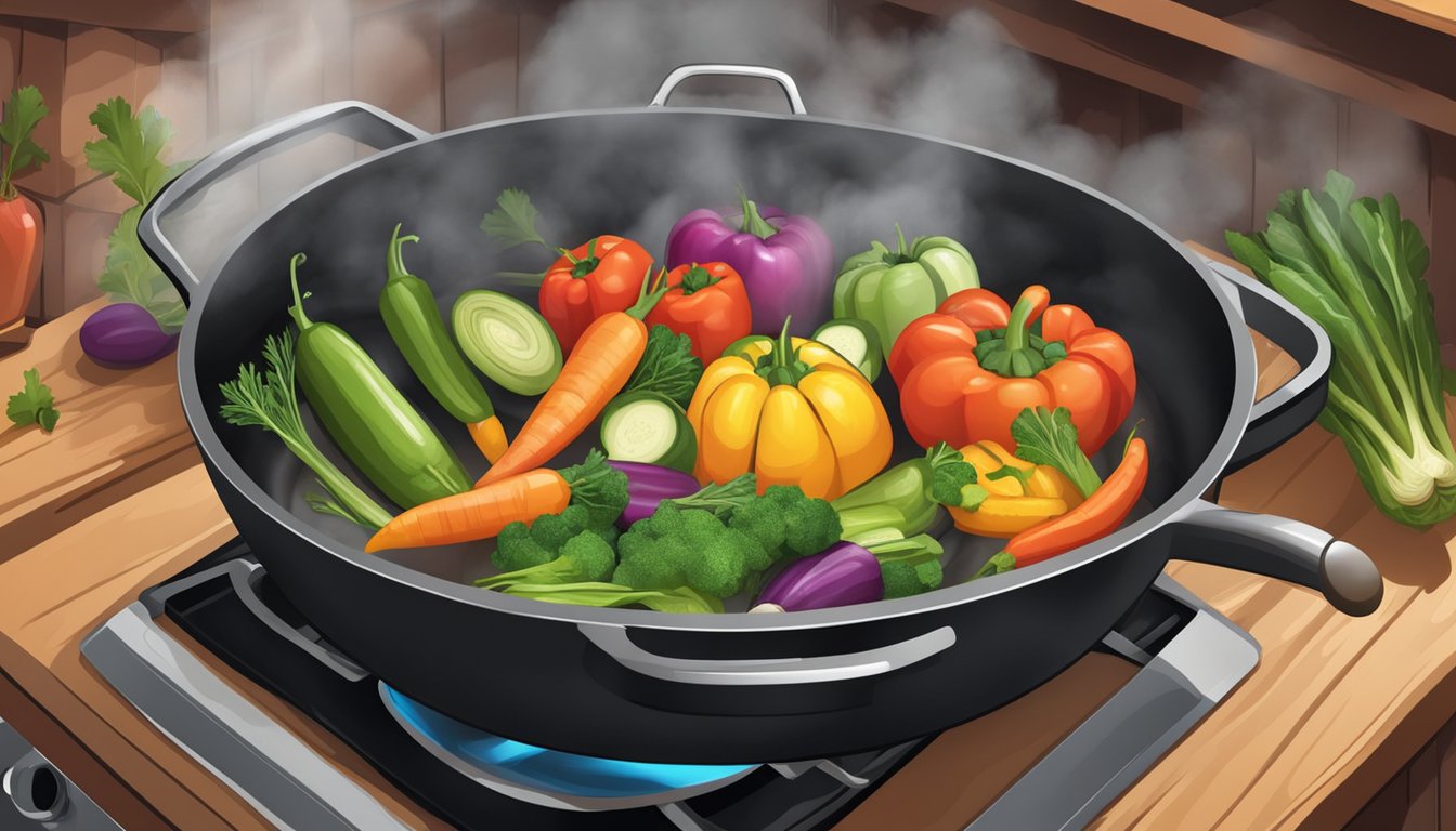 A rustic kitchen with a cast iron skillet filled with colorful vegetables roasting in the oven, steam rising as the aroma fills the air