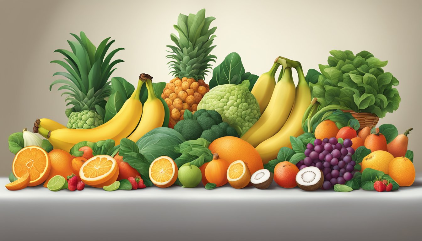 A colorful array of fruits and vegetables, including bananas, oranges, sweet potatoes, and spinach, arranged in a bountiful display