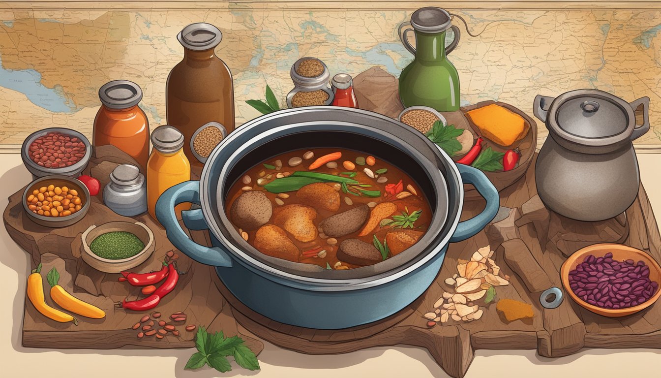 A rustic pot simmering over an open flame, surrounded by an array of colorful spices, beans, and meats. A map of Texas in the background showing different regions