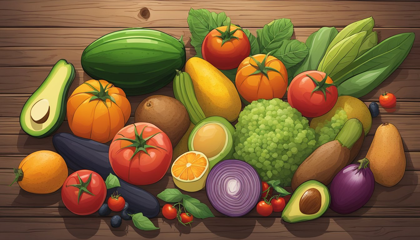 A colorful array of fruits and vegetables, including avocados, sweet potatoes, and tomatoes, arranged on a rustic wooden table