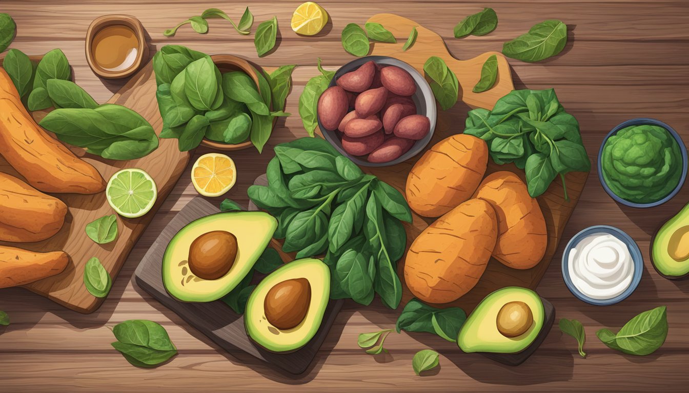 A colorful array of potassium-rich Texas foods, such as sweet potatoes, spinach, and avocados, arranged on a wooden table