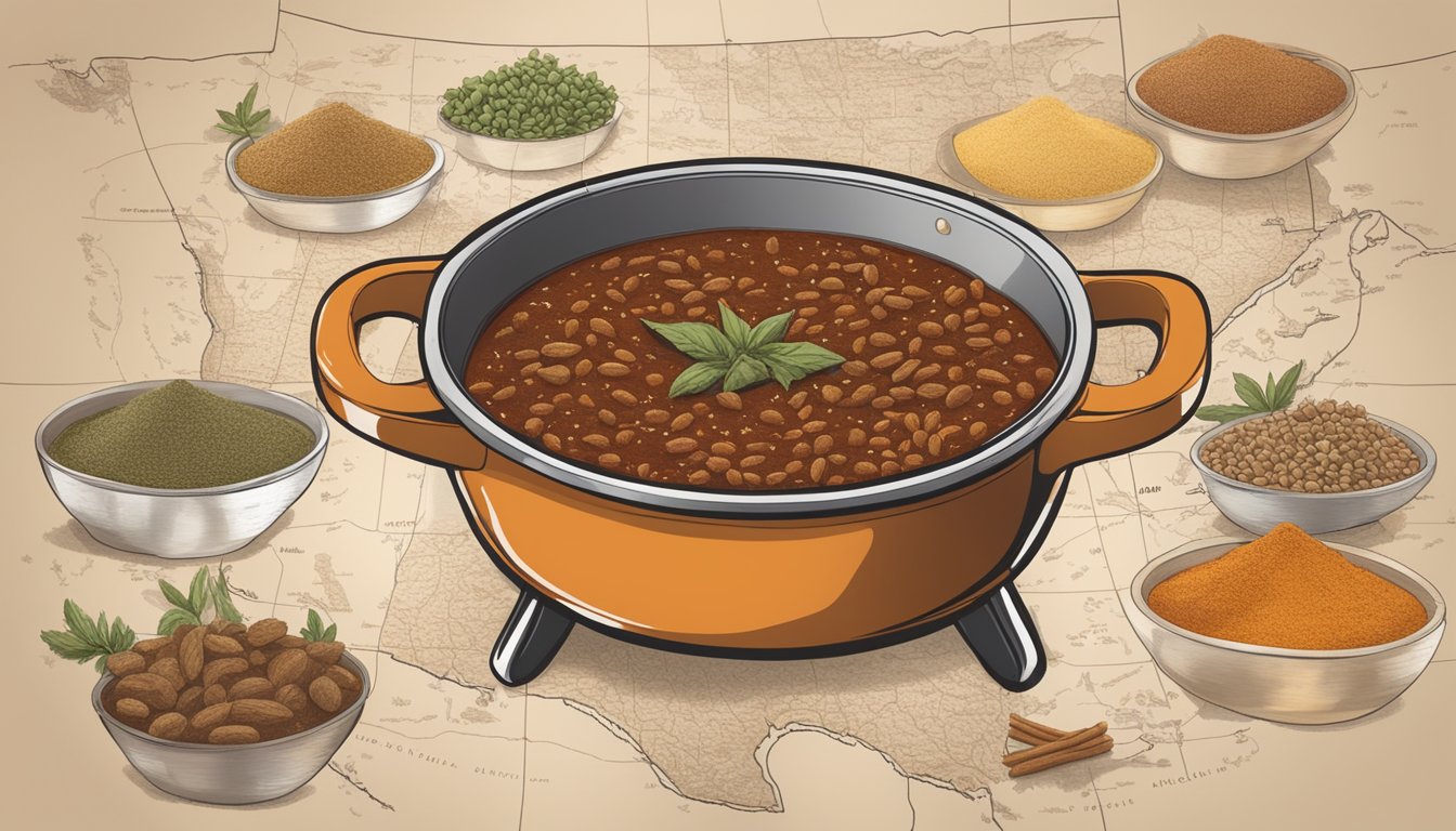 A steaming pot of Texas chili surrounded by an array of signature spices and flavorings, with a map of Texas in the background