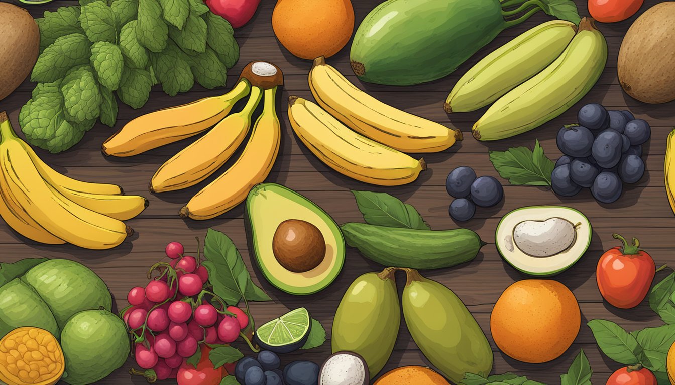 A colorful array of Texas-grown fruits and vegetables, including bananas, sweet potatoes, and avocados, are arranged on a wooden table