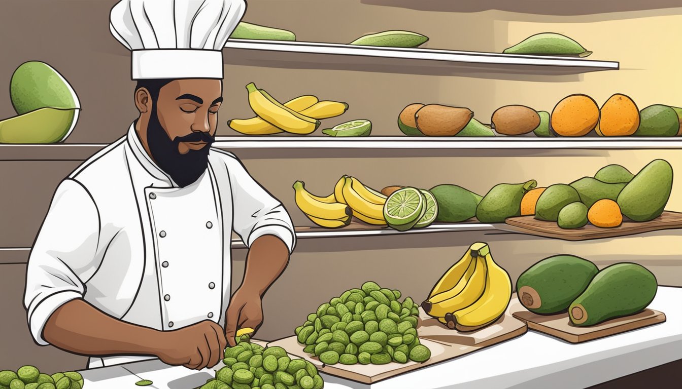 A chef slicing ripe avocados, bananas, and sweet potatoes