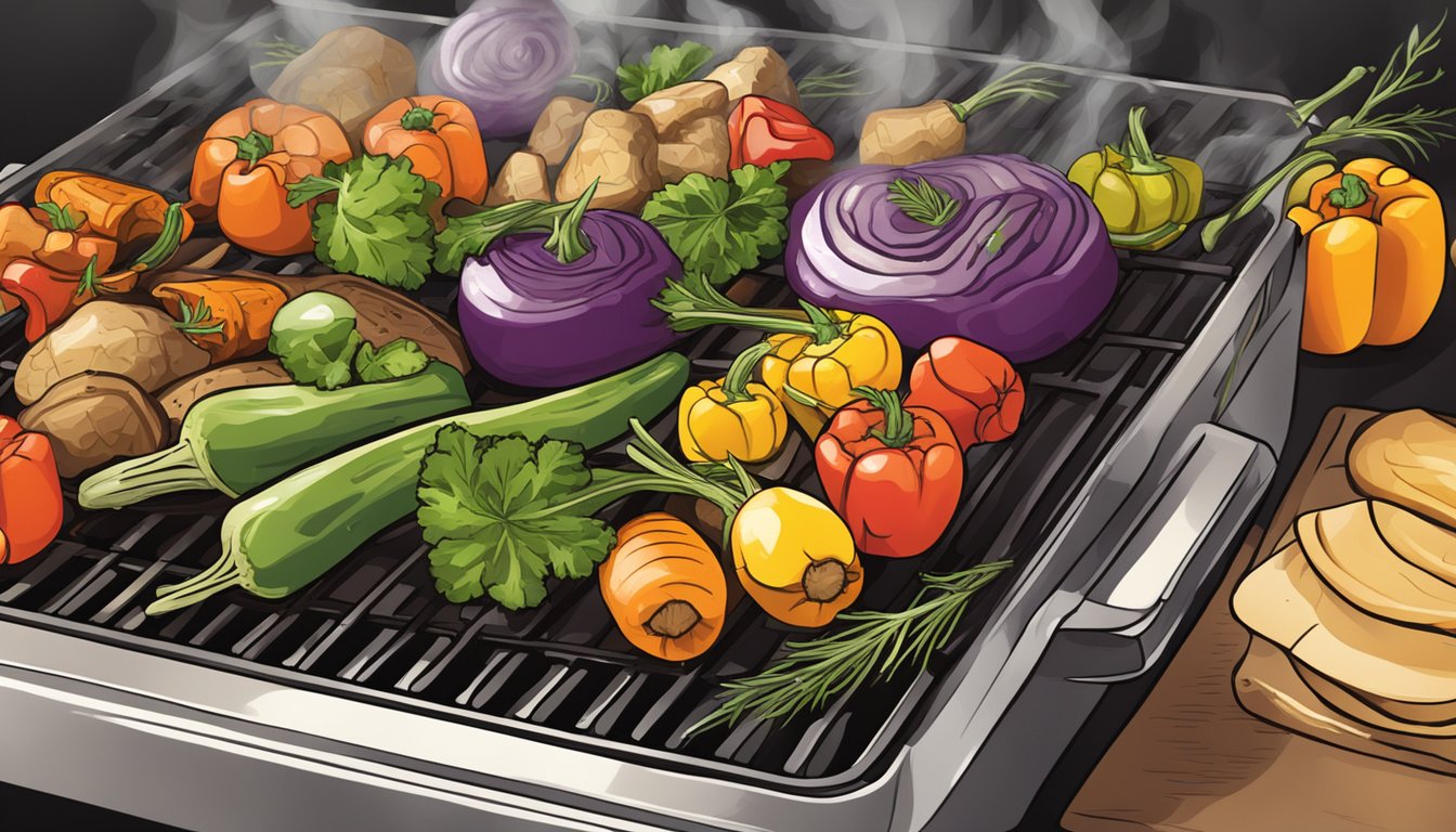 A colorful array of roasted vegetables sizzling on a hot Texas grill, emitting a tantalizing aroma of caramelized sweetness and savory herbs