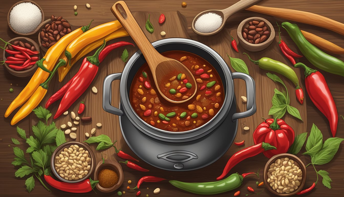 A steaming pot of Texas chili surrounded by an array of colorful spices, beans, and peppers, with a rustic wooden spoon resting on the edge of the bowl