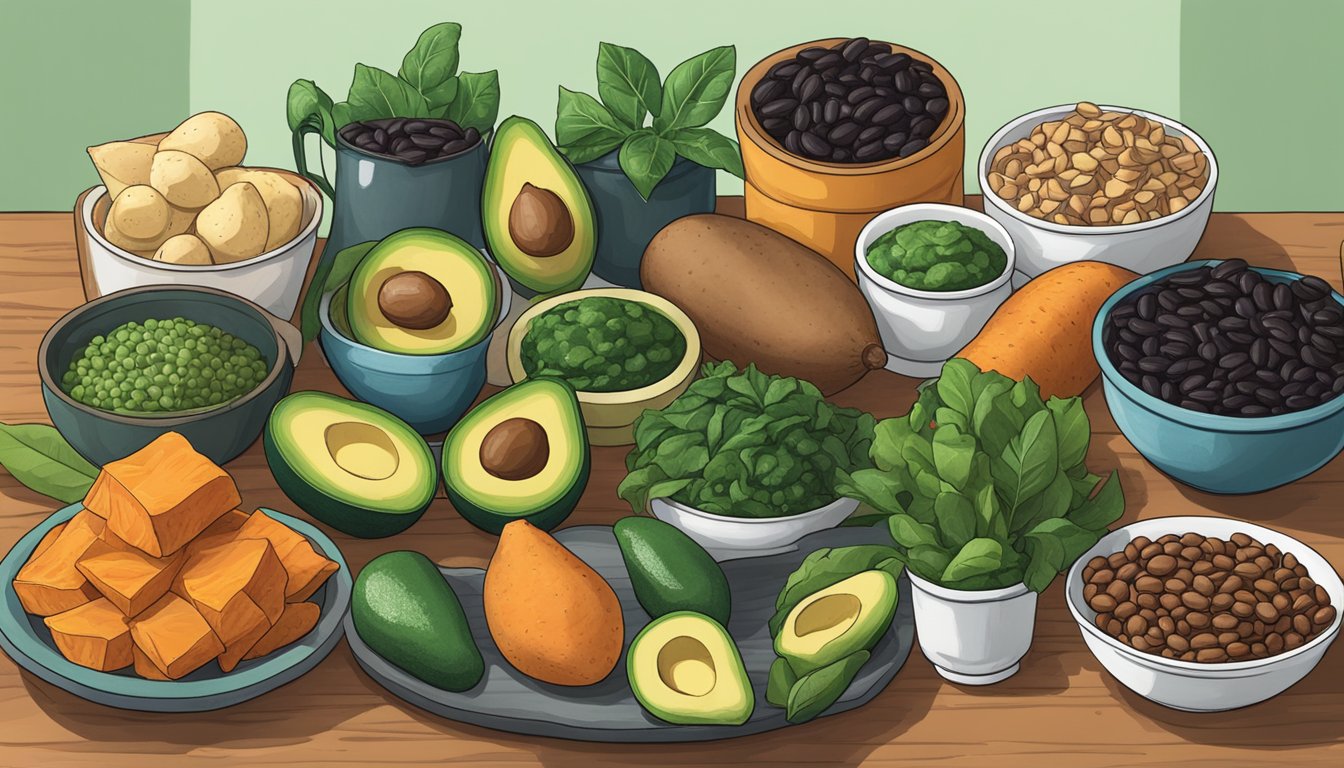 A table with various Texas foods high in potassium: avocados, sweet potatoes, black beans, and spinach