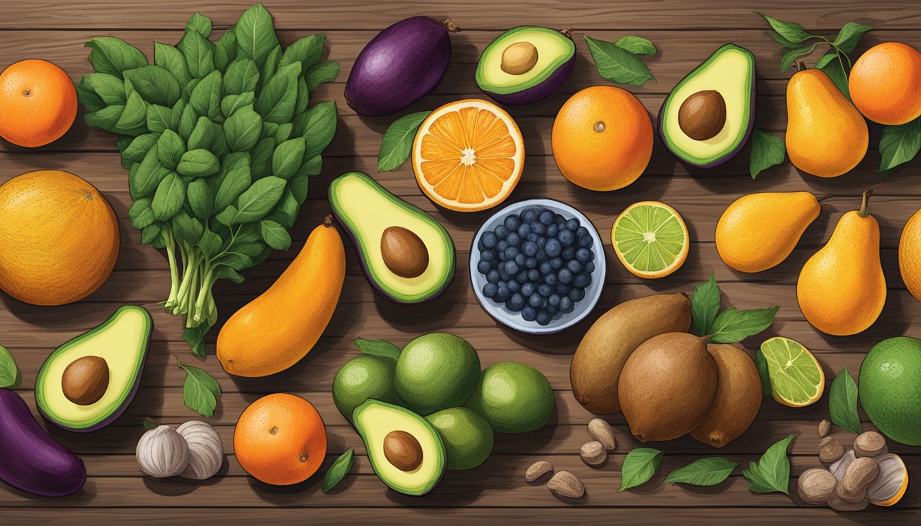 A colorful array of Texas fruits and vegetables, such as avocados, sweet potatoes, and oranges, arranged on a rustic wooden table