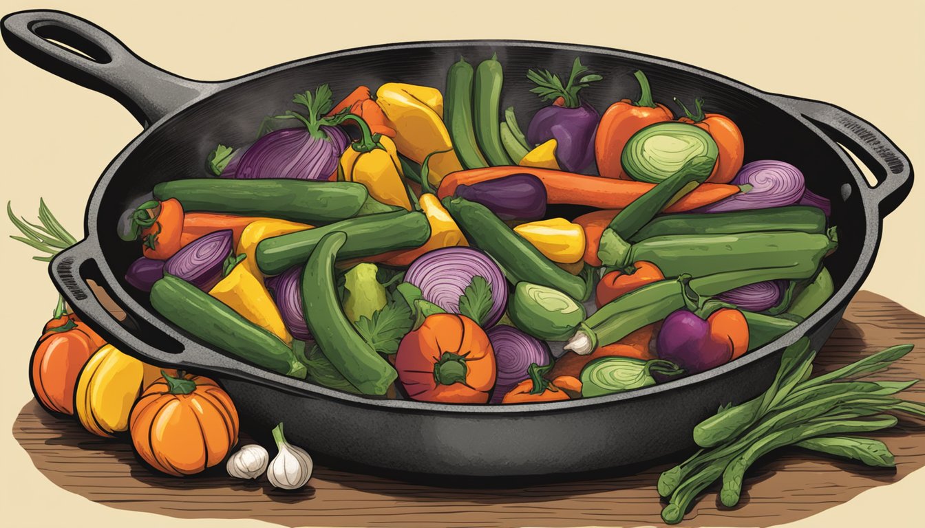 A cast iron skillet filled with colorful, sizzling vegetables over an open flame in a rustic Texas kitchen