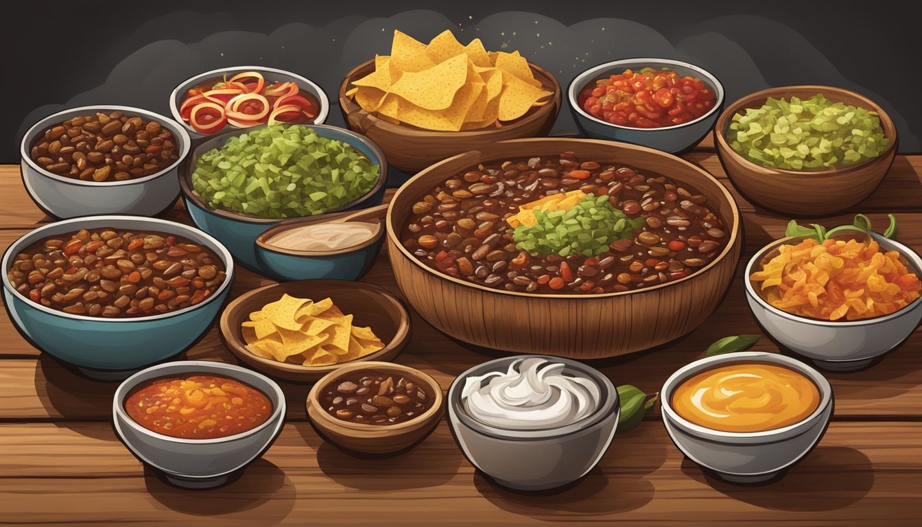 A rustic wooden table adorned with an array of steaming bowls filled with different Texas chili variations, accompanied by an assortment of toppings and condiments