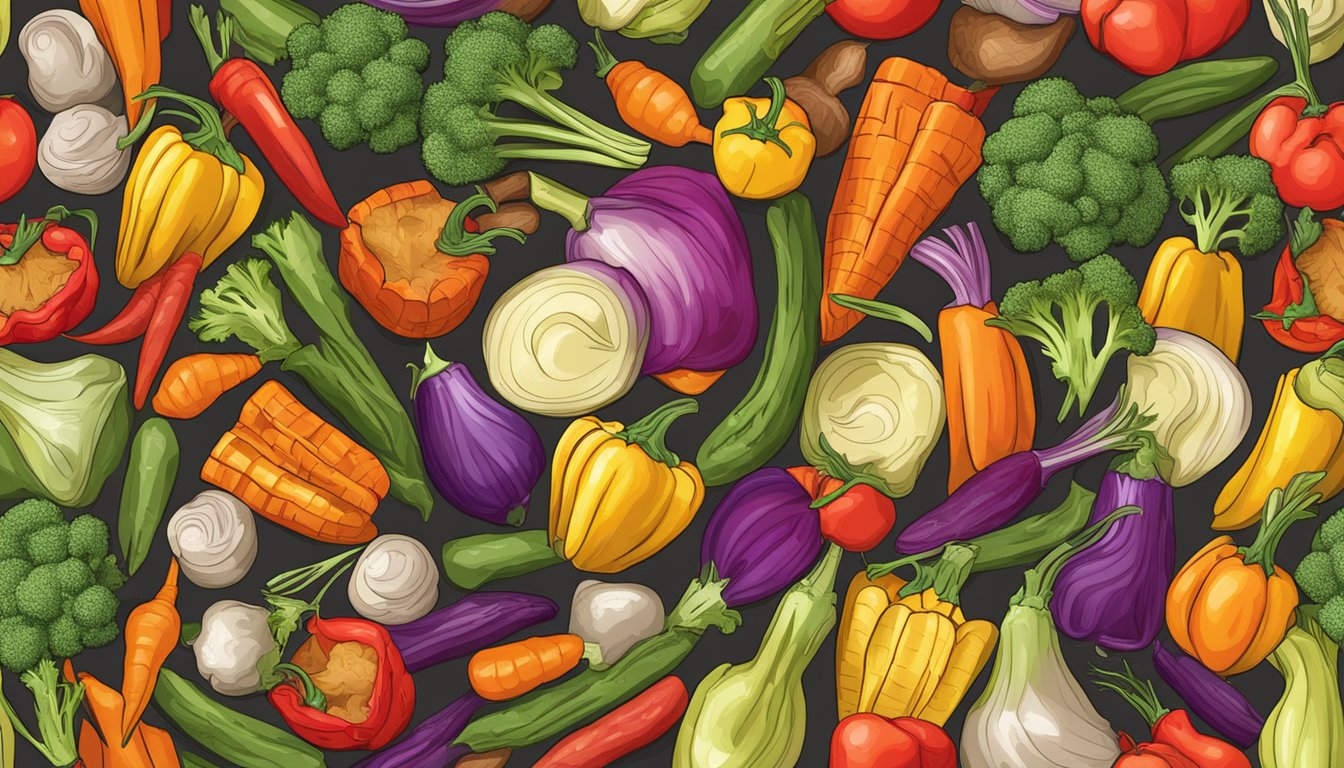 A colorful array of roasted vegetables sizzling on a hot Texas grill. The steam rises as the vibrant colors of the vegetables intensify under the heat