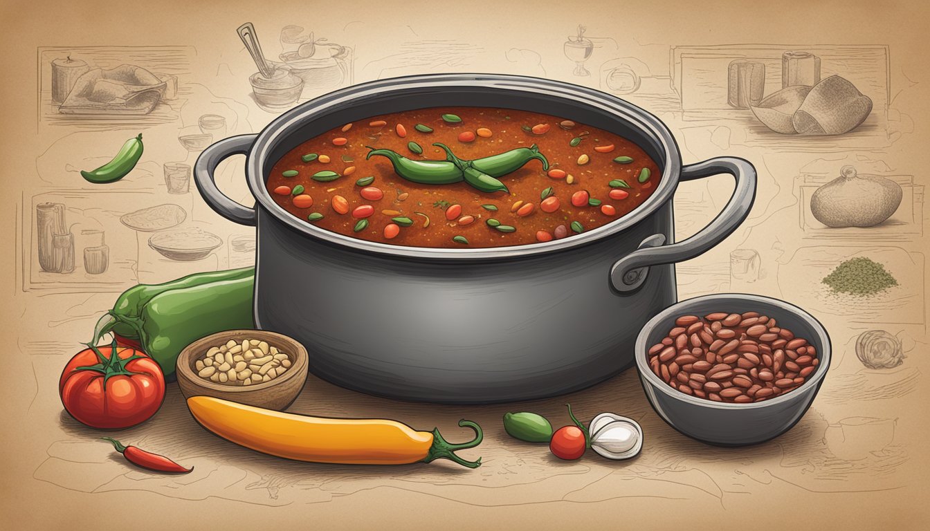 A steaming pot of chili sits on a rustic table surrounded by an array of colorful ingredients like beans, tomatoes, and spices. A map of Texas hangs on the wall behind, with different regions highlighted