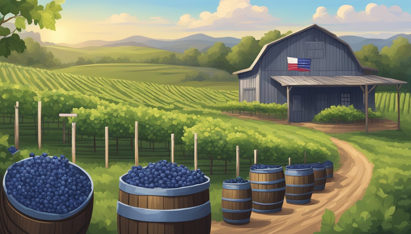 A rustic vineyard with rows of lush blueberry bushes, a wooden barrel labeled "Blueberry Wine," and a Texas flag fluttering in the breeze