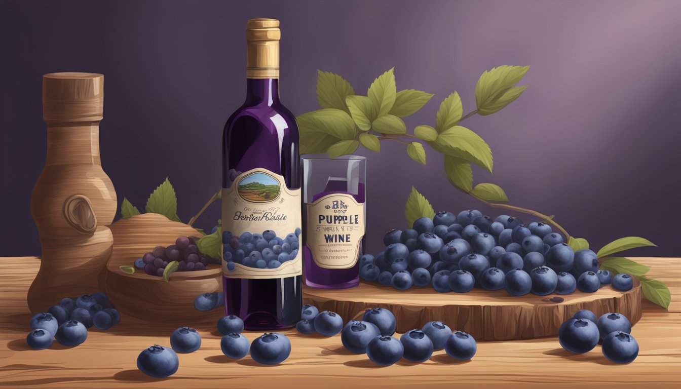 A rustic wooden table displays a bottle of deep purple blueberry wine alongside a cluster of fresh Texas blueberries and a corkscrew