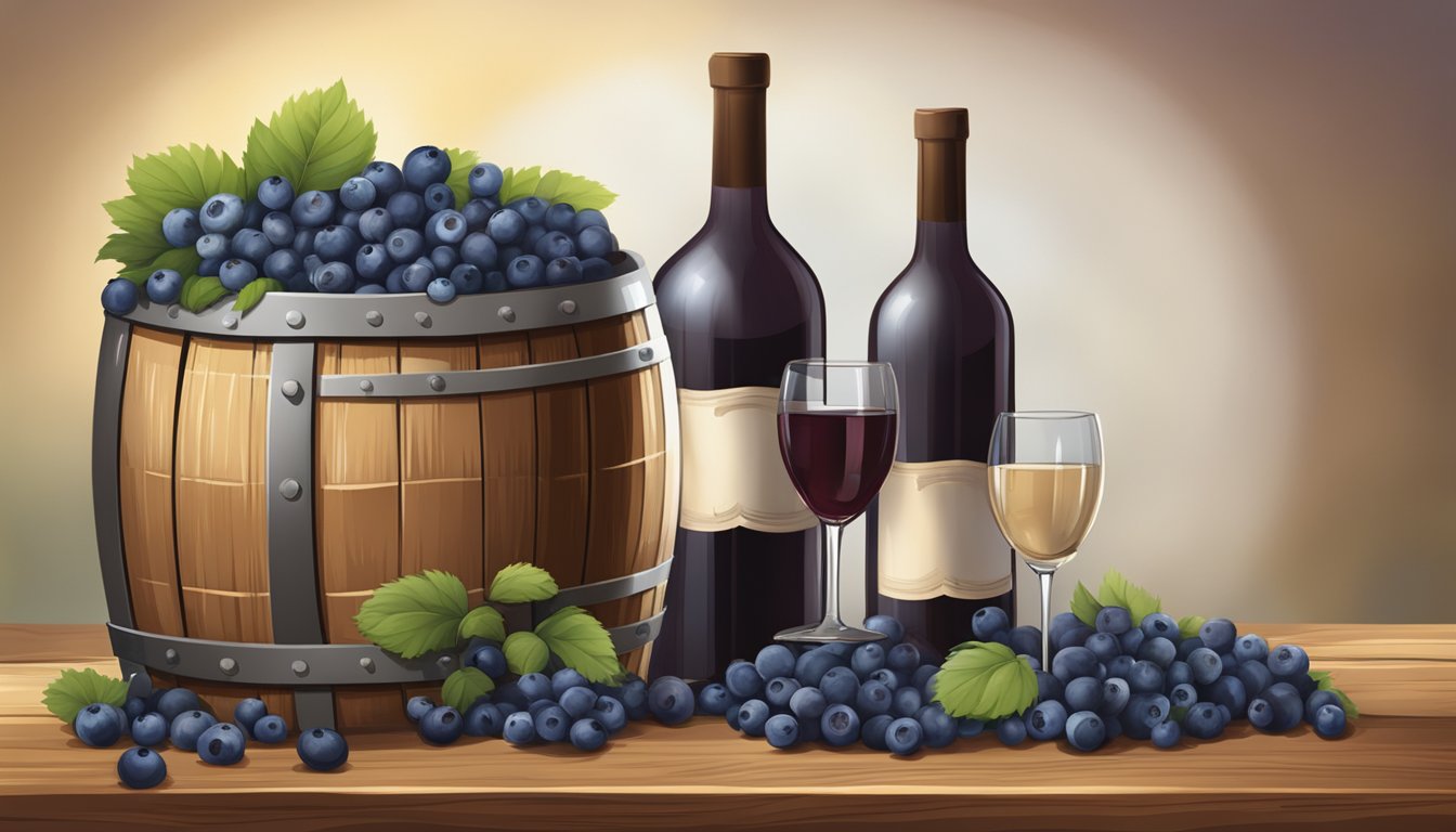 A rustic wooden wine barrel with a spigot, surrounded by ripe Texas blueberries and a few filled wine glasses