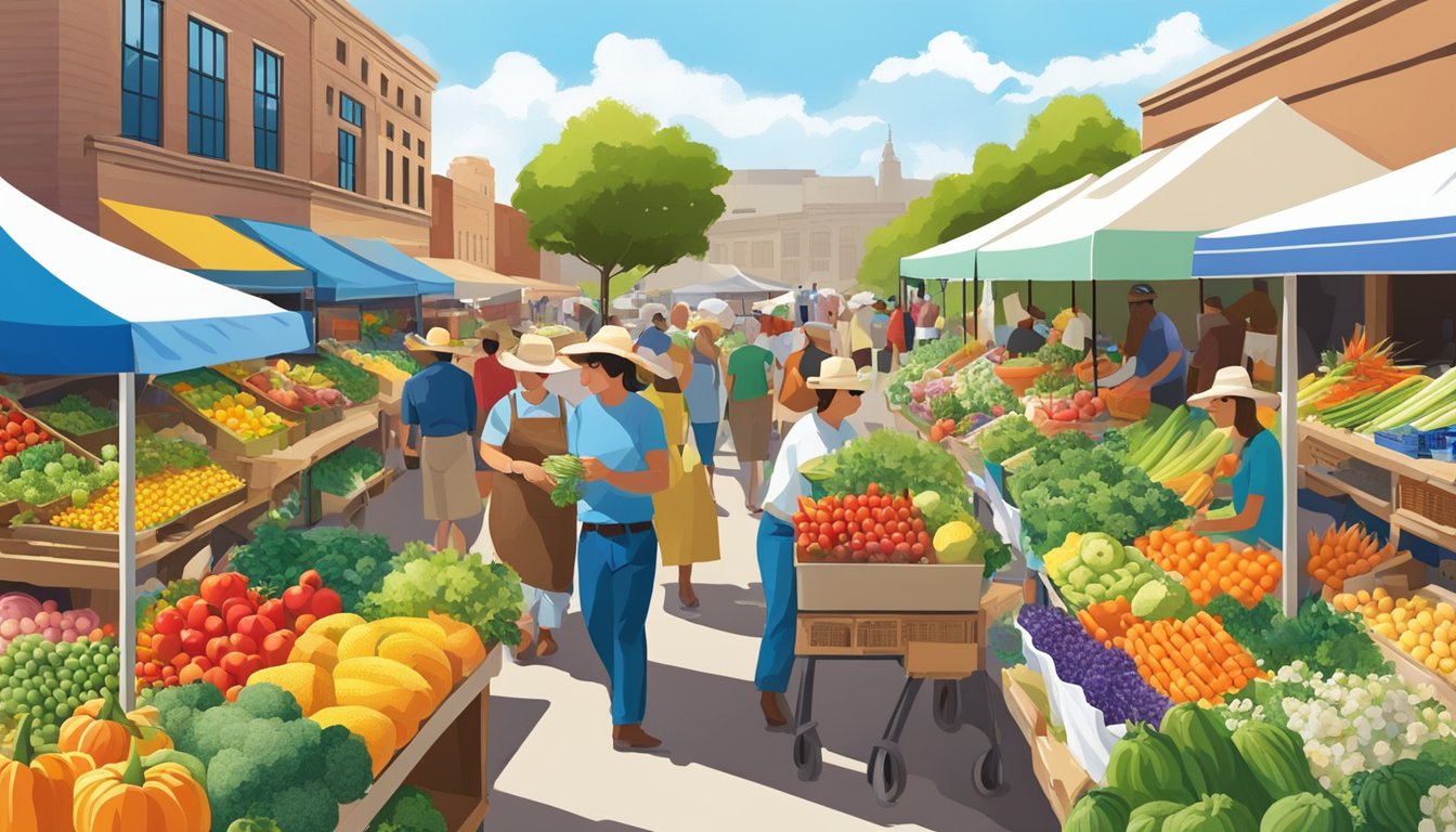 A bustling Texas farmer's market with colorful displays of fresh fruits and vegetables, surrounded by blooming wildflowers and sunny blue skies