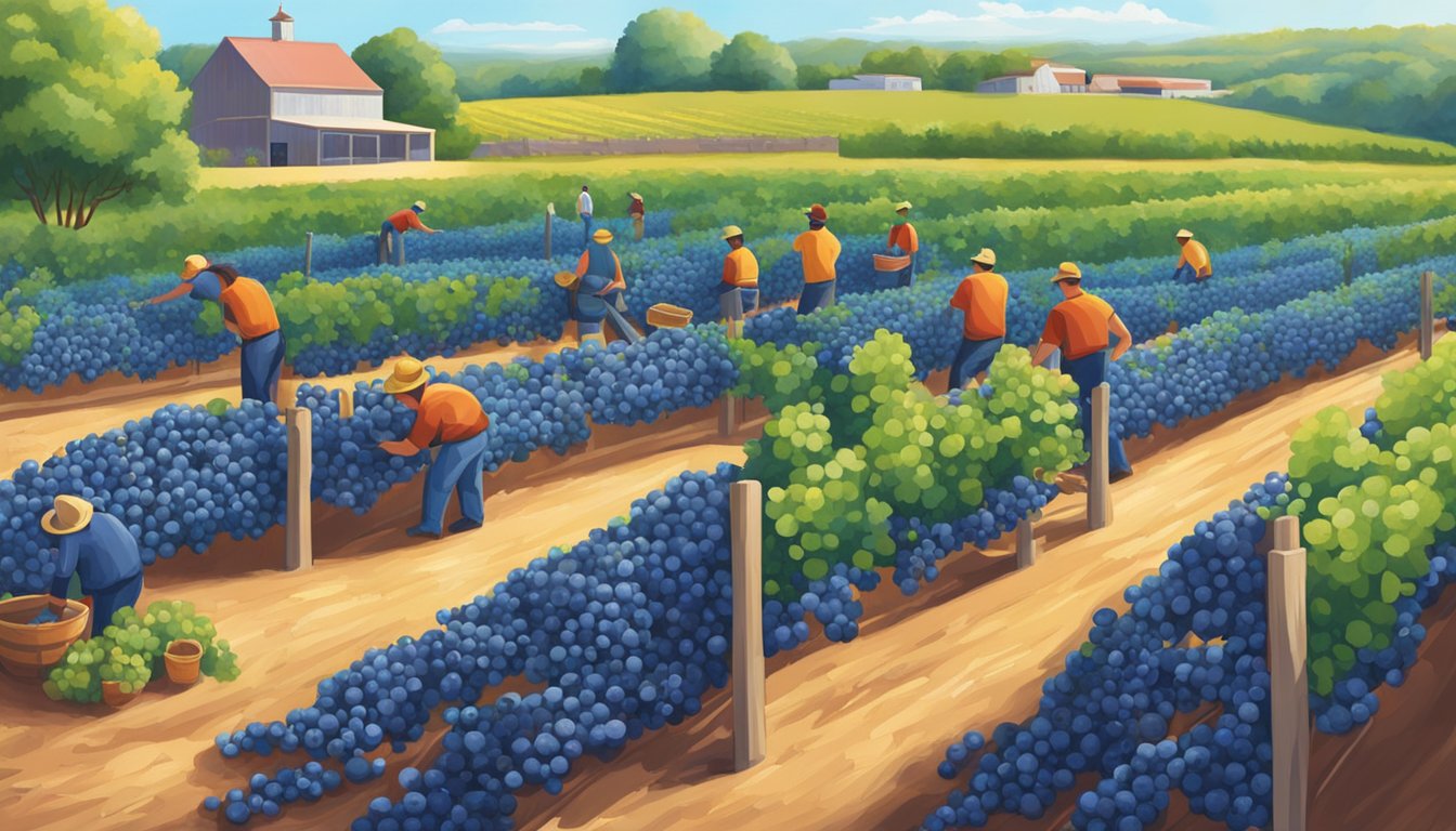 A vineyard in Texas, rows of blueberry bushes under the bright sun, workers tending to the fruit, a winery in the background