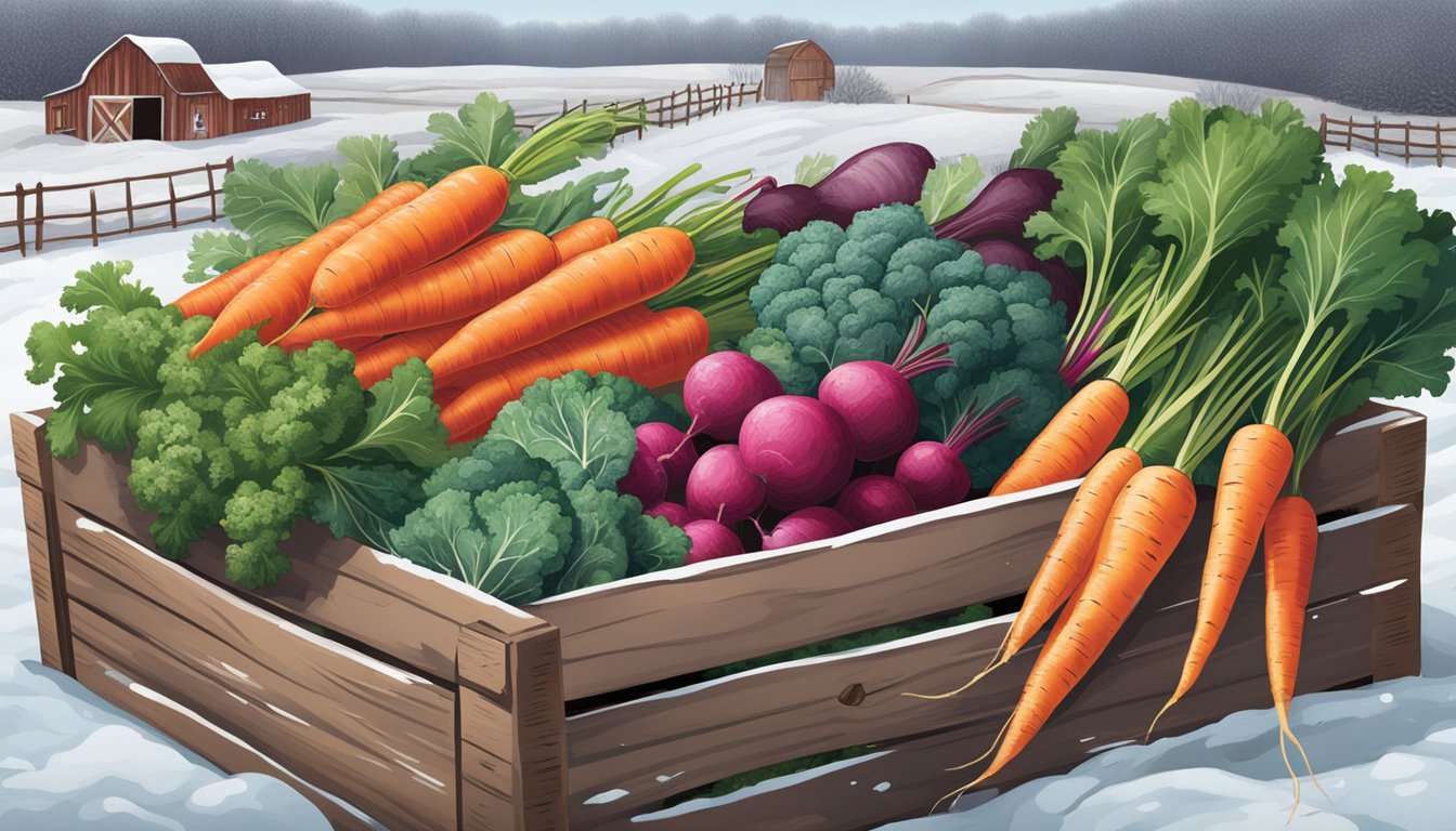 A bountiful winter harvest scene with carrots, kale, beets, and radishes arranged in a rustic wooden crate, set against a backdrop of frosty Texas landscape