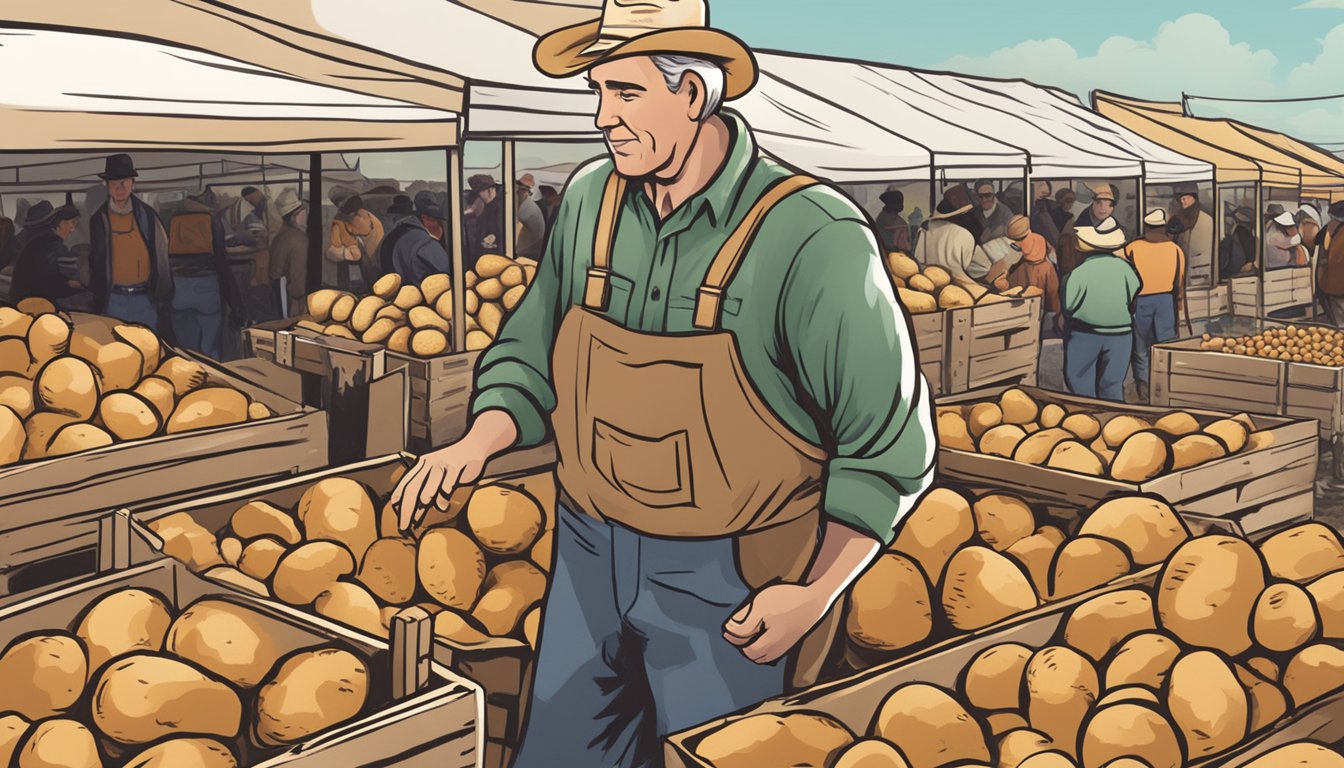 A farmer selecting large russet potatoes from a crate at a Texas farmers market