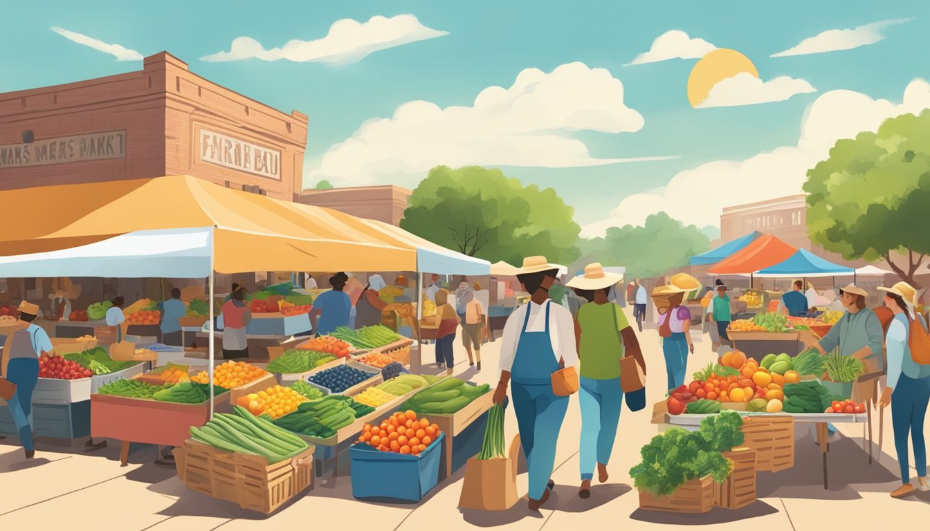 A bustling farmers market with colorful produce and vendors under a sunny Texas sky