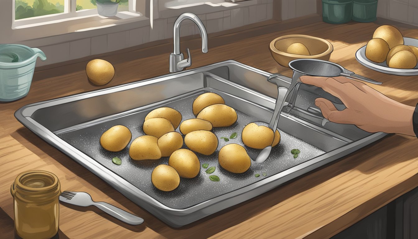 Potatoes being washed, pierced with a fork, and rubbed with oil and salt on a baking sheet in a Texas kitchen