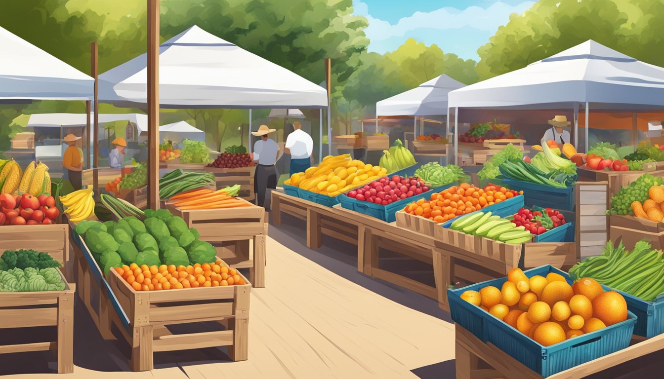 A vibrant Texas farmers market with fresh produce in season, including colorful fruits and vegetables displayed on wooden crates and tables