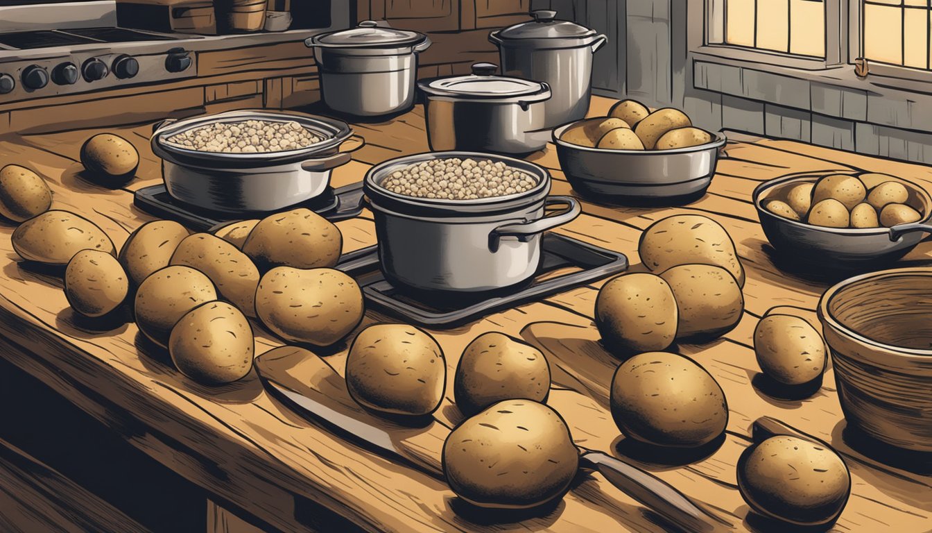 Potatoes being prepared for baking in a rustic Texas kitchen