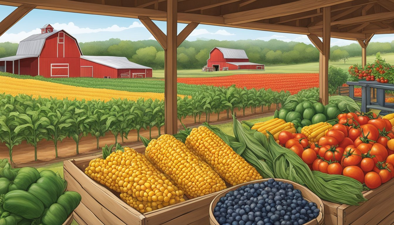 A colorful Texas farm scene with fresh produce, including tomatoes, corn, and peppers, ready for harvest