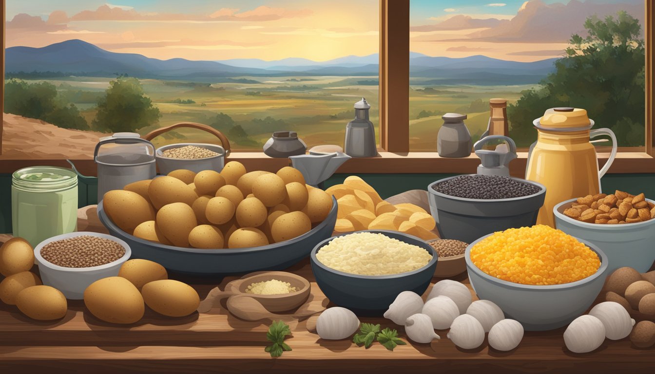 A rustic kitchen counter with a variety of toppings and flavor enhancements laid out next to a pile of baking potatoes, set against the backdrop of a Texas landscape