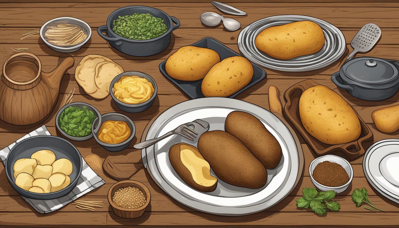 A rustic Texas kitchen with an array of baked potato variations on a wooden table, surrounded by ingredients and cooking utensils