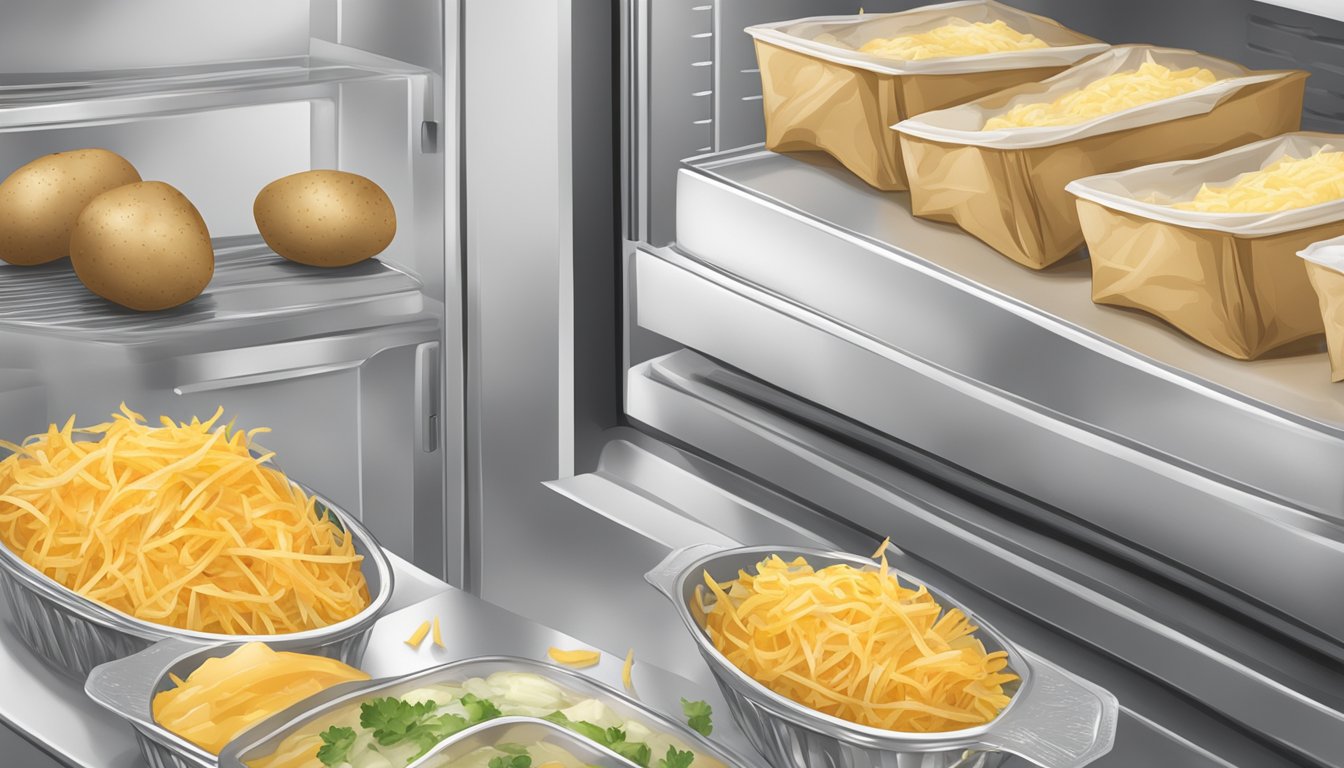 Potatoes being wrapped in foil and placed in a refrigerator next to containers of sour cream and shredded cheese