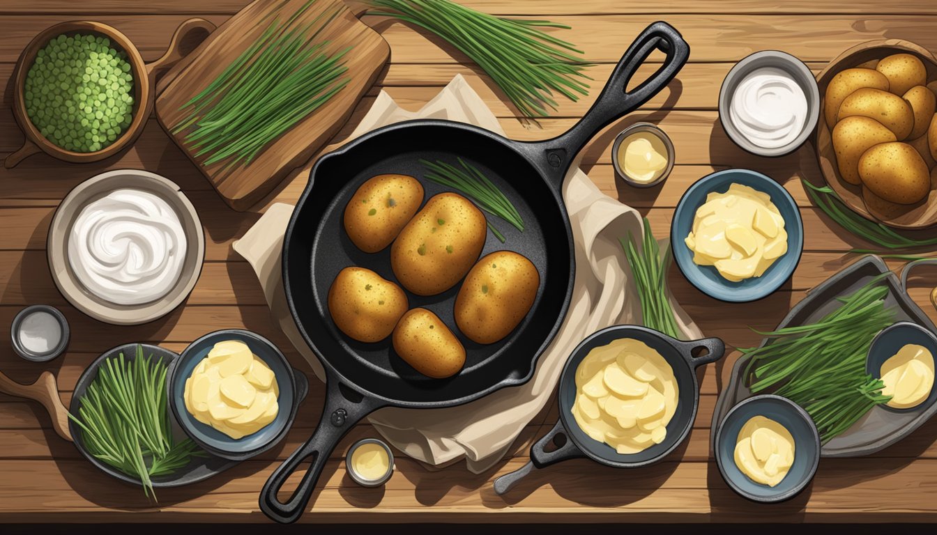 A rustic wooden table with a cast iron skillet filled with baked potatoes, surrounded by bowls of butter, sour cream, and chives