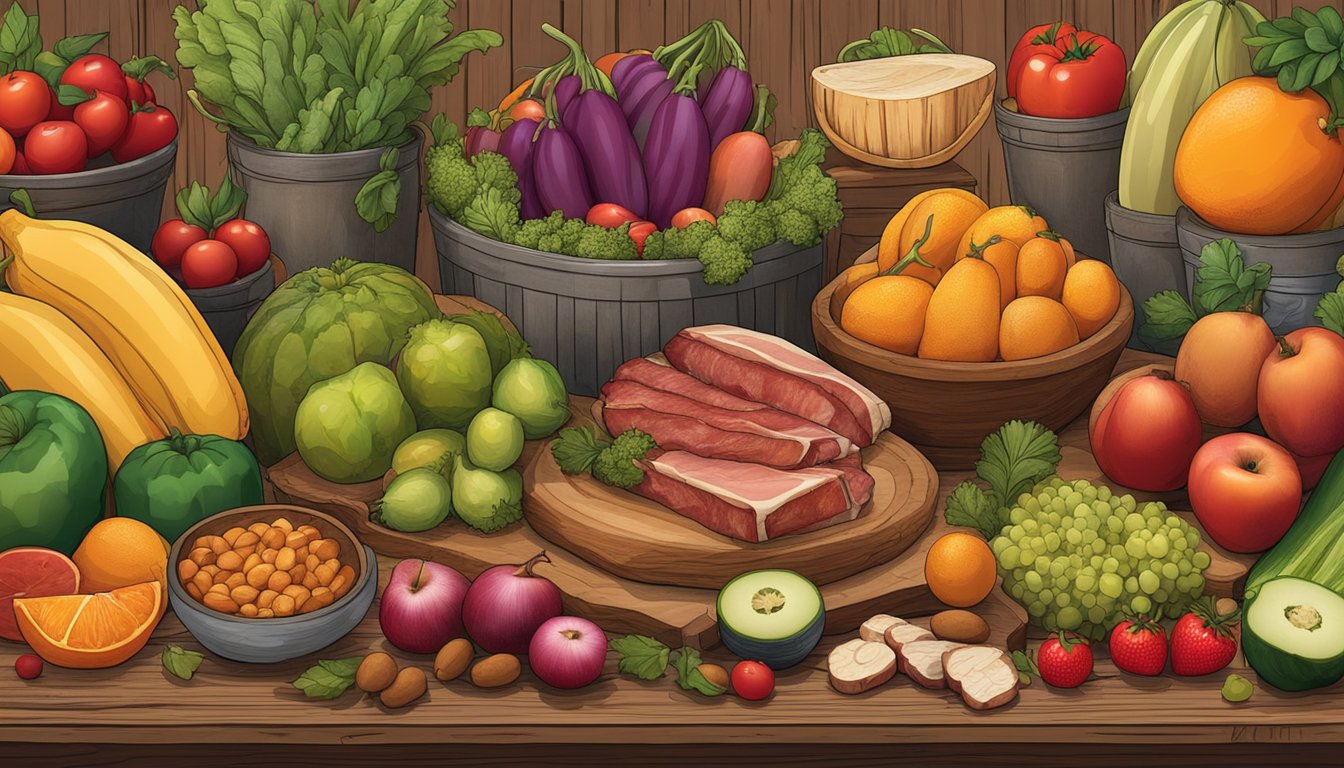 A rustic wooden table adorned with colorful fruits, vegetables, and meats, showcasing the best seasonal food Texas has to offer