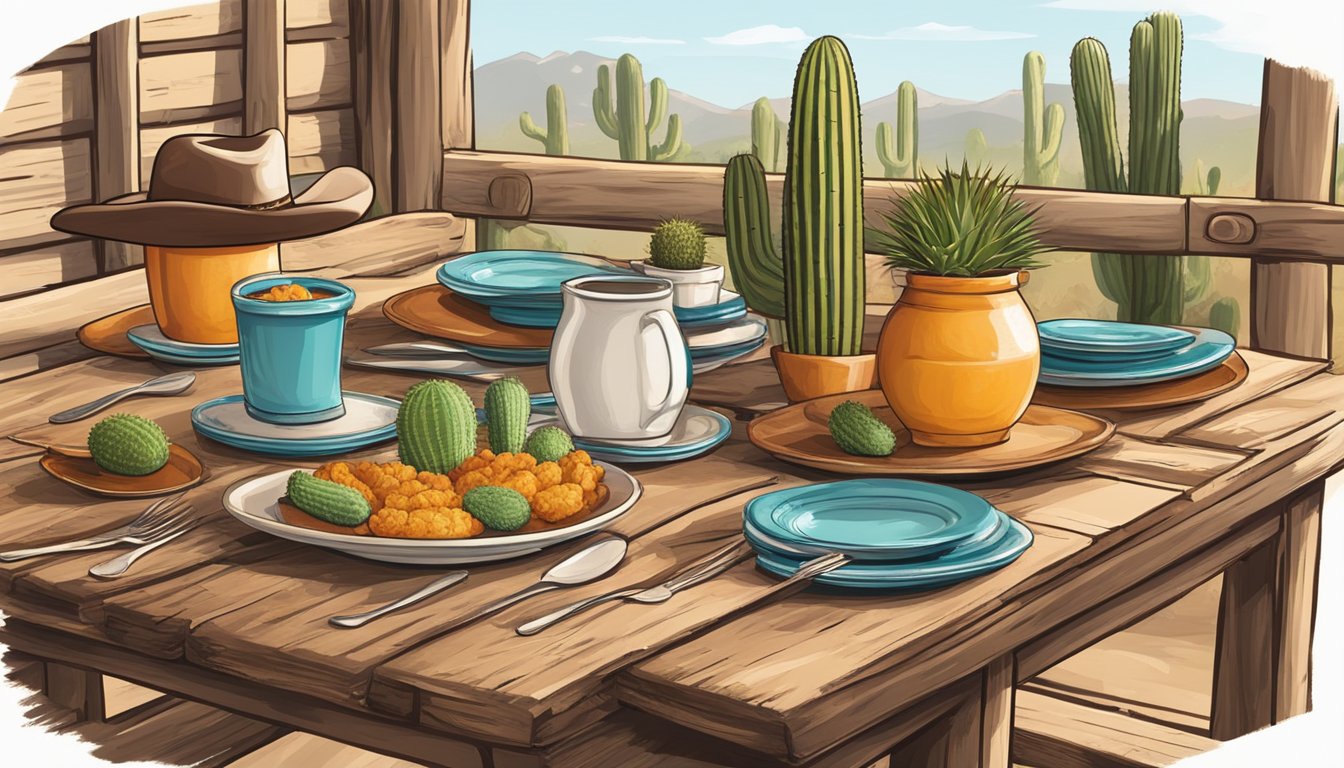 A rustic wooden table set with colorful plates of seasonal Texas dishes. A cowboy hat and cactus in the background add a touch of Texan flair