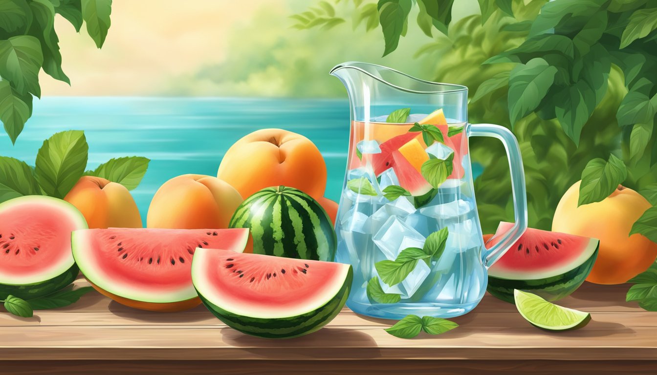 A pitcher of ice-cold water surrounded by slices of watermelon, cantaloupe, and juicy peaches on a wooden table in the shade