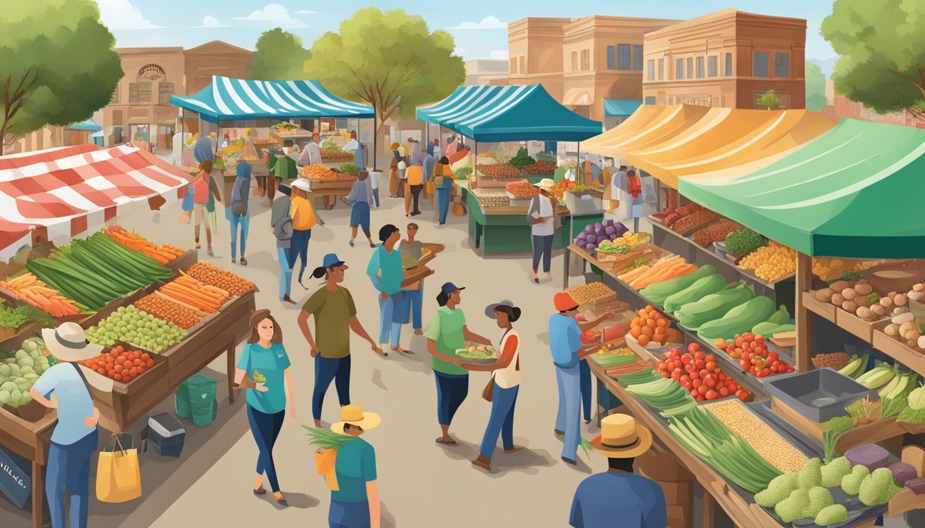 A bustling farmers' market with vendors selling fresh produce and local Texas specialties, surrounded by a diverse community enjoying seasonal foods