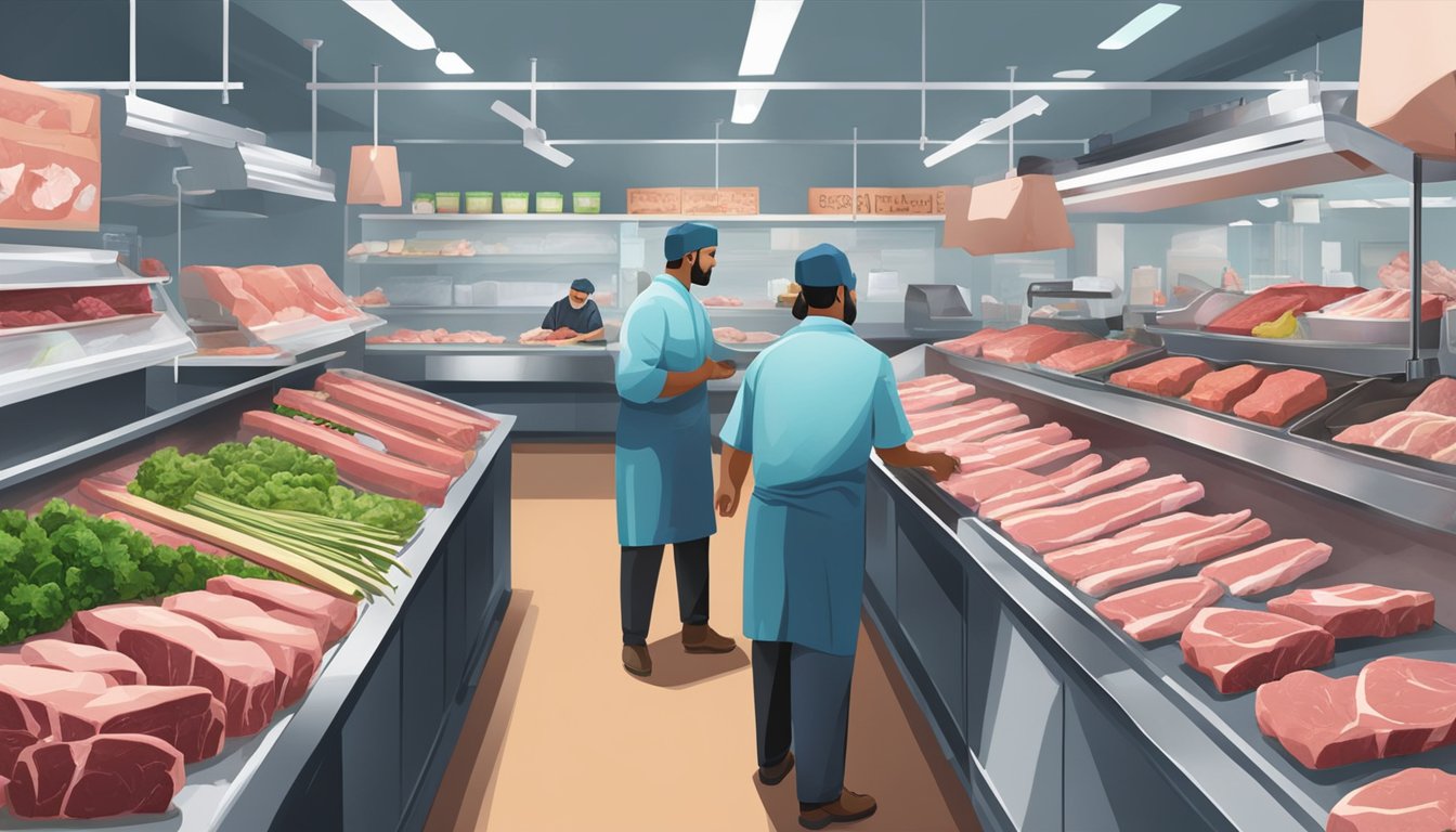 A bustling halal meat market in Texas, with rows of fresh cuts and a butcher expertly preparing meat behind the counter