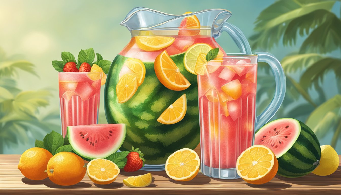 A pitcher of icy watermelon agua fresca sits on a wooden table surrounded by sliced oranges, strawberries, and lemons, all glistening with condensation