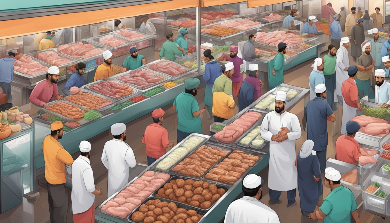 A bustling Texas halal meat market with diverse customers and vendors, showcasing various cuts of meat and traditional halal food products