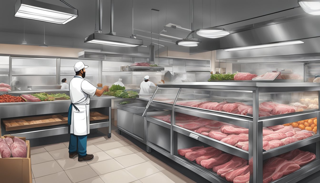 A halal butcher shop in Texas, with sustainable practices integrated. Show animals being ethically slaughtered, workers following halal guidelines, and eco-friendly packaging