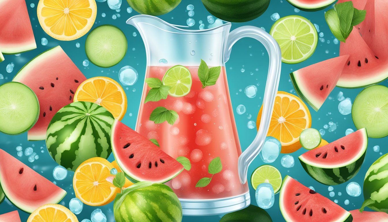 A pitcher filled with ice-cold water and slices of watermelon, cucumber, and citrus fruits, surrounded by droplets of condensation