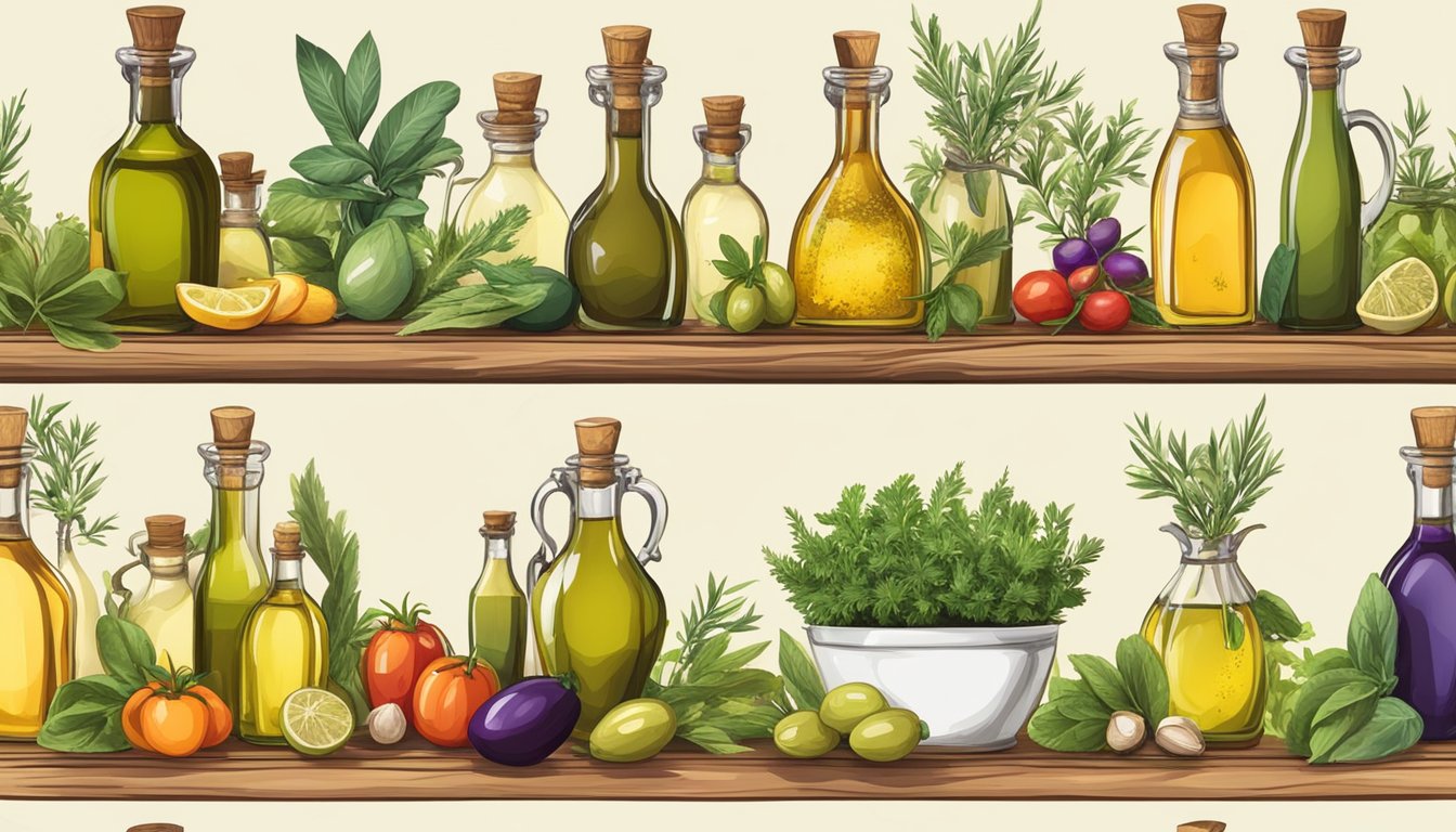 A rustic wooden table with a variety of infused olive oils in decorative bottles, surrounded by fresh herbs and colorful vegetables