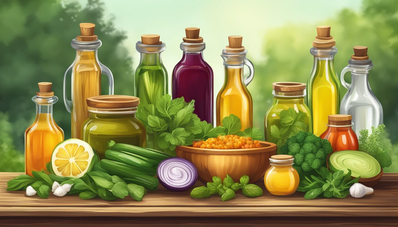 A rustic wooden table with colorful bottles of infused oils, fresh herbs, and bowls of vibrant vegetables for salad dressings