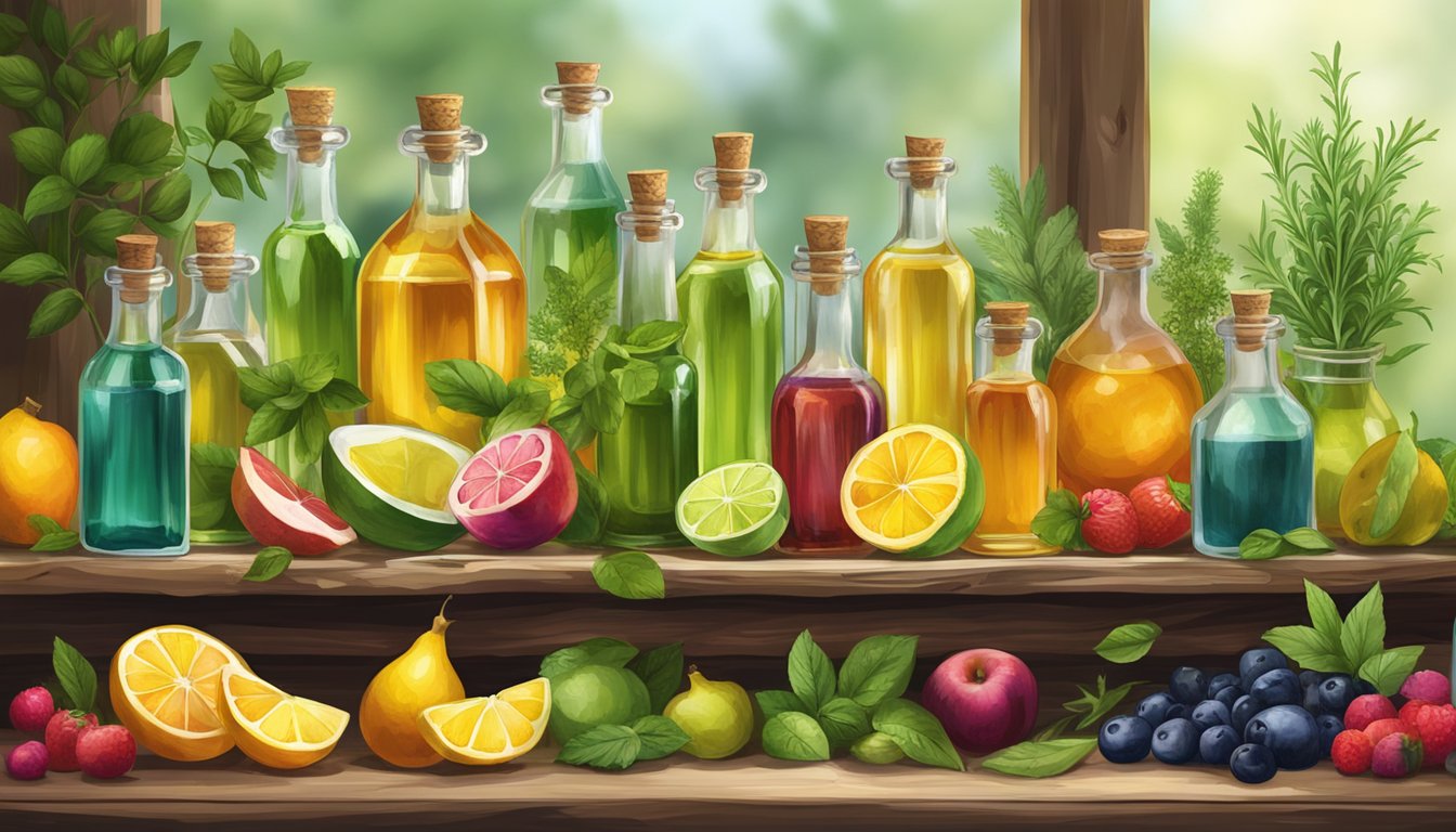 A rustic wooden table displays an array of colorful glass bottles filled with various infused oils, surrounded by fresh herbs and fruits