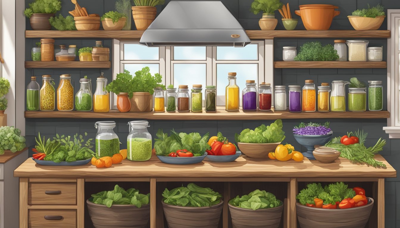 A rustic Texas kitchen with shelves of infused oils and salad dressings, surrounded by fresh herbs and colorful vegetables