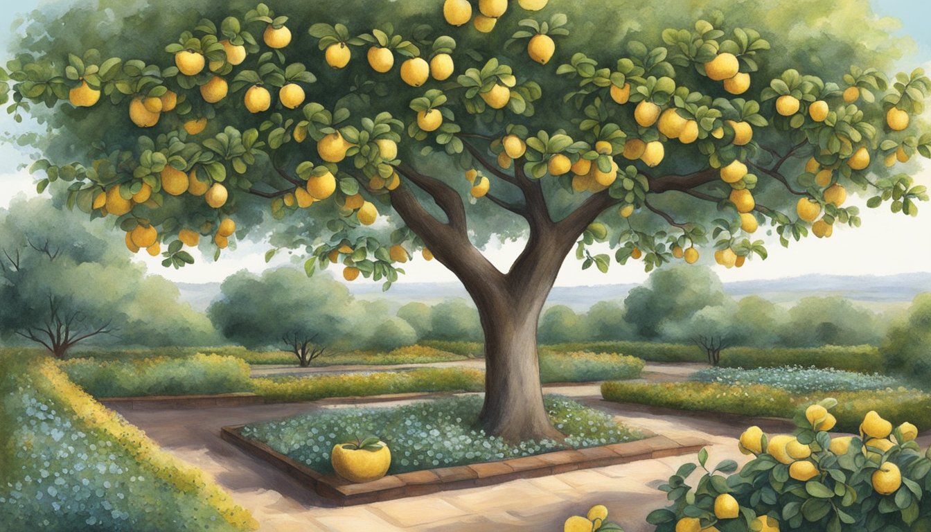 A quince tree flourishing in a Texas garden, surrounded by well-tended soil and receiving attentive care from a gardener