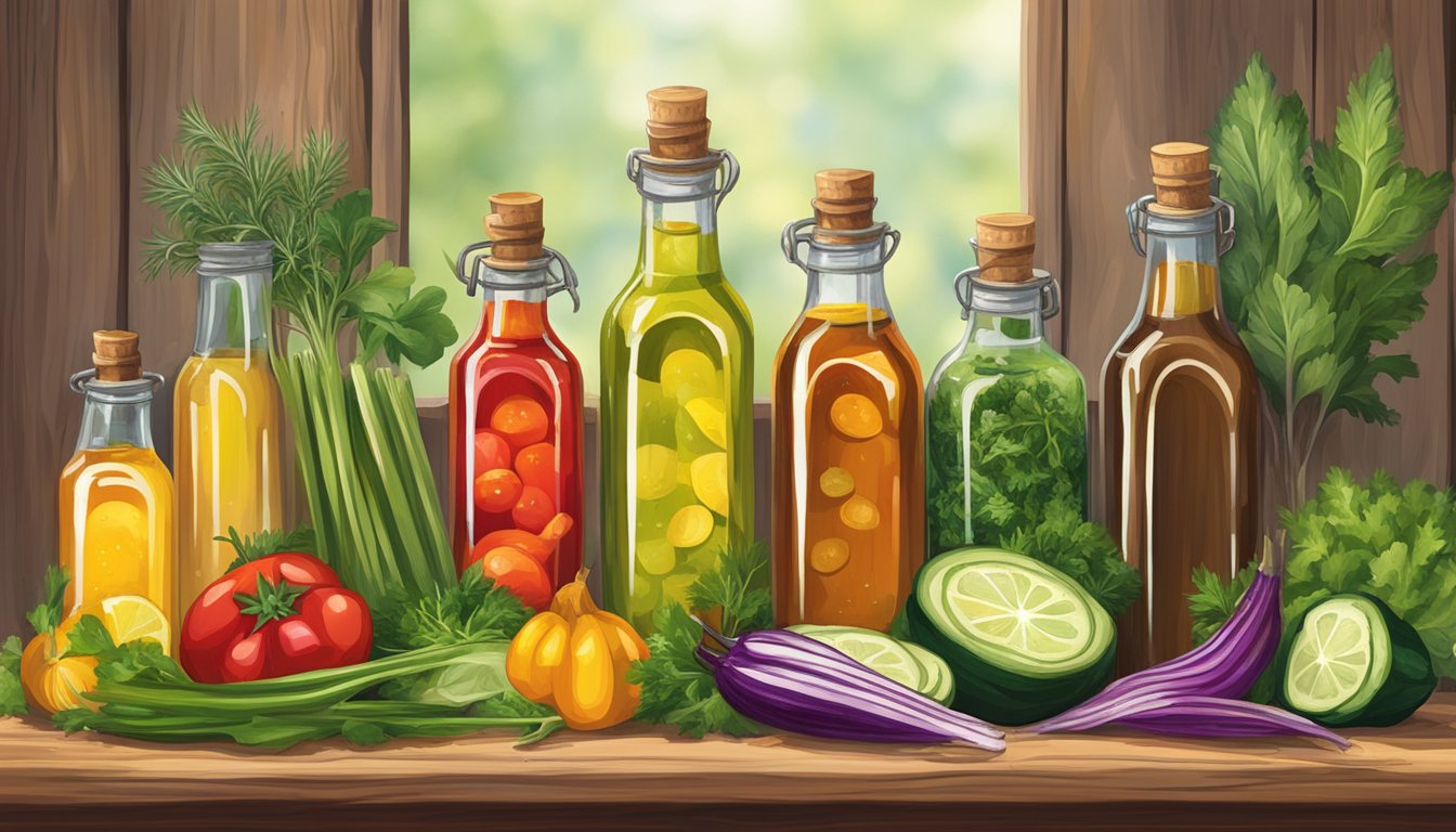 A rustic wooden table adorned with vibrant bottles of infused oils, fresh herbs, and colorful vegetables, evoking the essence of Texas's finest salad dressings