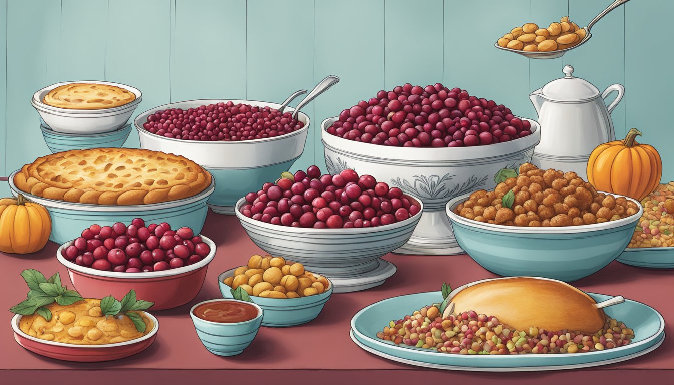 A colorful array of oversized cranberry dishes being transformed into creative new recipes, showcasing the sweet and tangy flavors of Thanksgiving leftovers