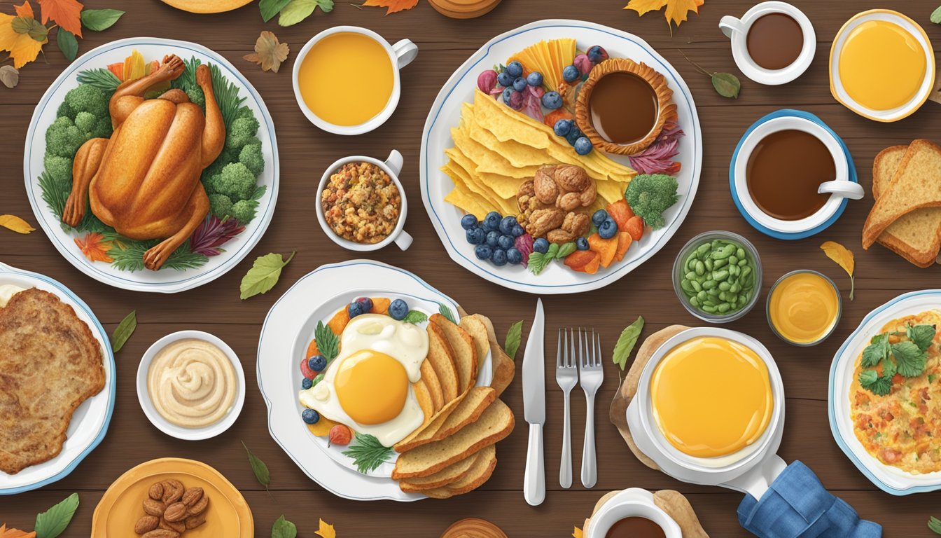 A giant Texas-shaped plate holds a colorful array of repurposed Thanksgiving dishes, creatively transformed into breakfast and brunch leftovers