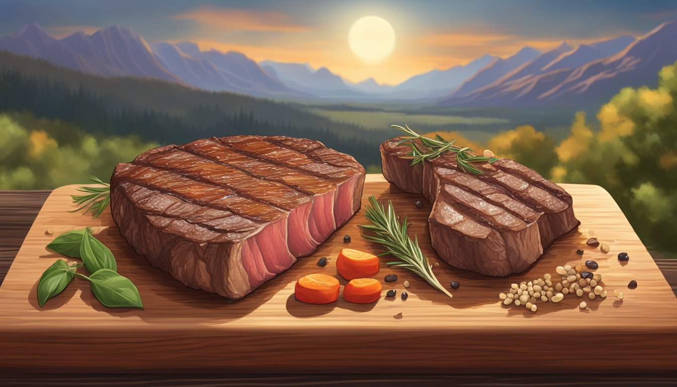 A sizzling dry aged steak on a rustic wooden cutting board, surrounded by herbs and spices, with a Texas landscape in the background